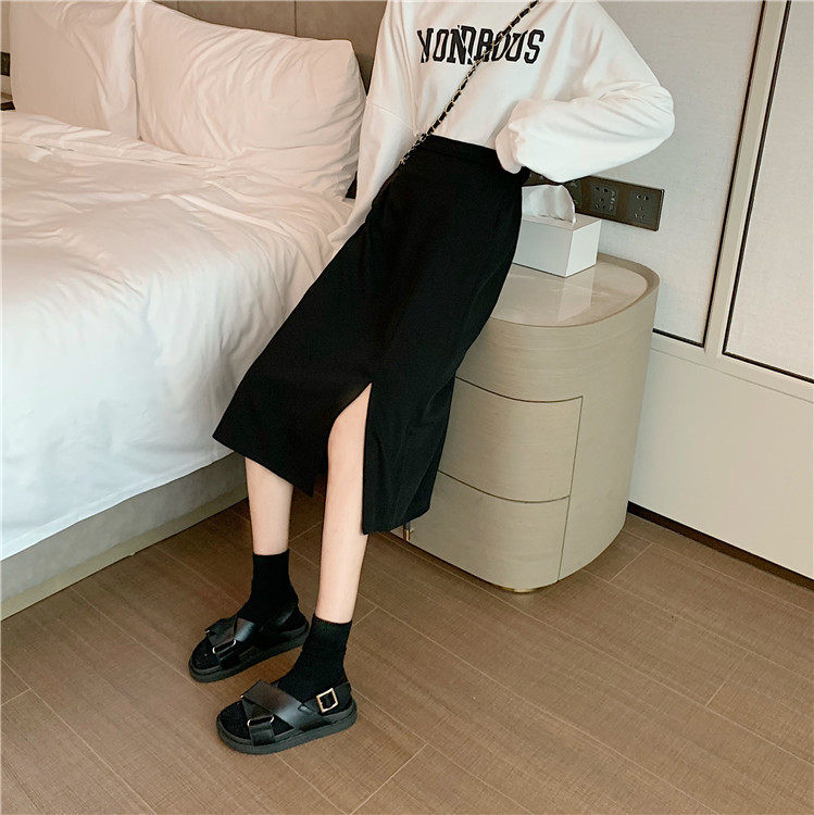 西装面料中长款半身裙女秋季黑色显瘦高腰a字垂感休闲开叉气质裙