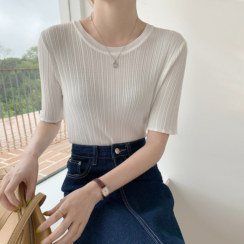 韩版圆领短袖修身显瘦竖条纹冰丝针织衫夏季上衣女装一件