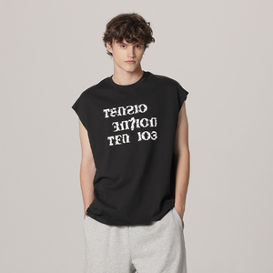 HTHI运动背心男士夏季无袖宽松大码潮牌黑色重磅纯棉印花坎肩t恤