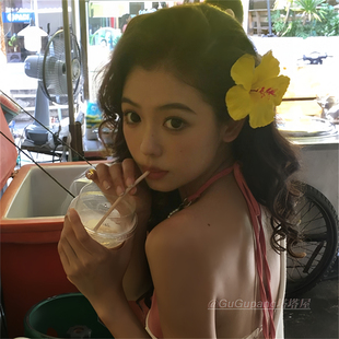 波西米亚黄色扶桑花发夹氛围感海边度假风仿真花朵侧边夹拍照发饰