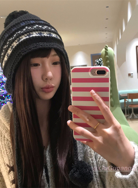 费尔岛风黑色针织毛线帽子