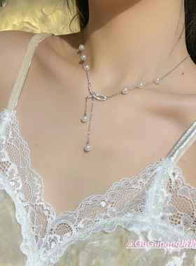 蝴蝶结珍珠流苏项链女