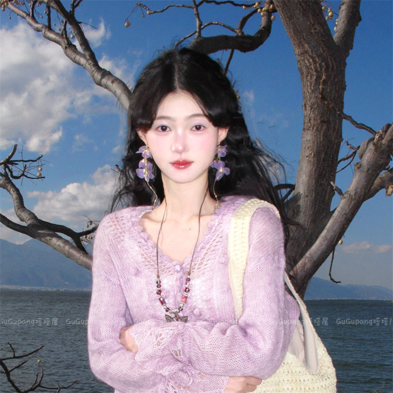 超仙温柔紫色网纱流苏花瓣耳环女夸张长款耳坠耳钉绝美设计感耳饰