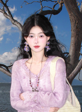 超仙温柔紫色网纱流苏花瓣耳环