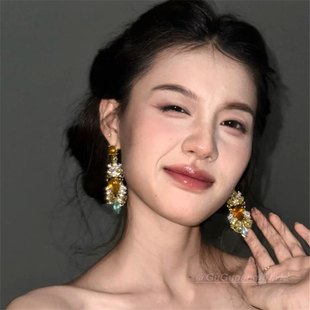 复古千金感耳饰女个性夸张棕色锆石耳环气质轻奢名媛耳钉小众耳坠