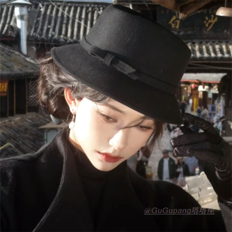 赫本风羊毛呢渔夫帽子