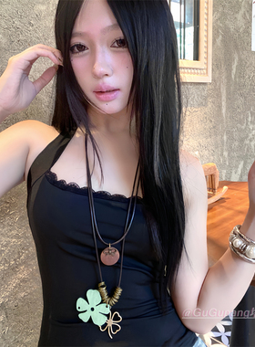 复古y2k木质四叶草项链