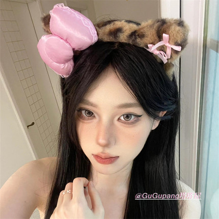日系可爱蝴蝶结毛绒豹纹发箍甜酷hellokitty猫咪耳朵头箍洗脸发卡