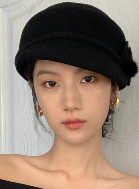 法式赫本风黑色毛球礼帽