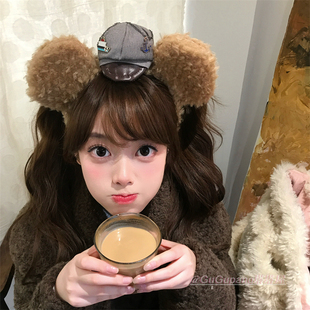 可爱达菲熊耳朵毛绒发箍秋冬毛茸茸小熊侦探帽头箍发饰游乐园头饰