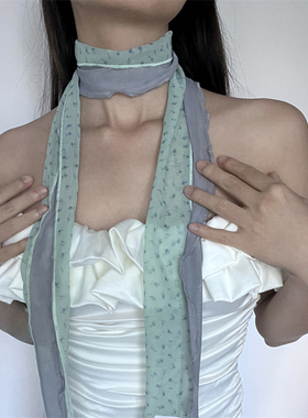 韩系薄荷绿色碎花丝巾春夏高级氛围感薄款围巾气质细长条脖子配饰