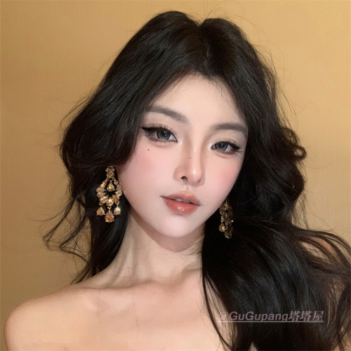 复古香槟色闪钻流苏耳环