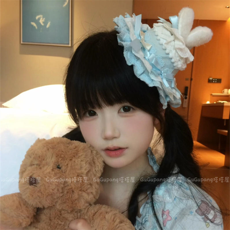 Lolita手作兔耳朵小礼帽发夹生日蛋糕帽花丸蓝色蕾丝蝴蝶结顶夹子