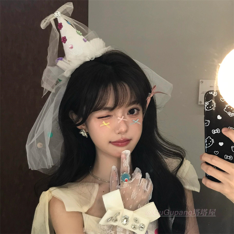 公主生日帽水钻网纱发夹