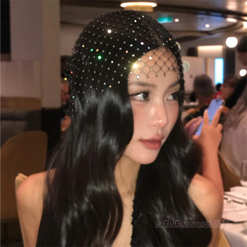 法式水钻花朵网纱帽饰