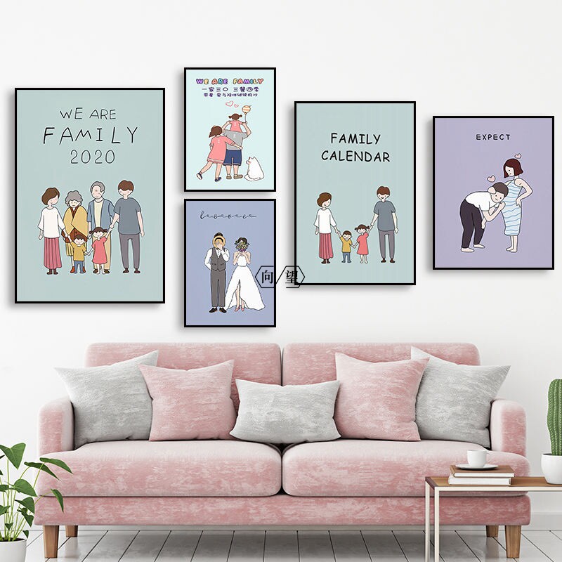 现代简约卡通卧室床头挂画北欧风客厅装饰画一家人四口儿童房壁画