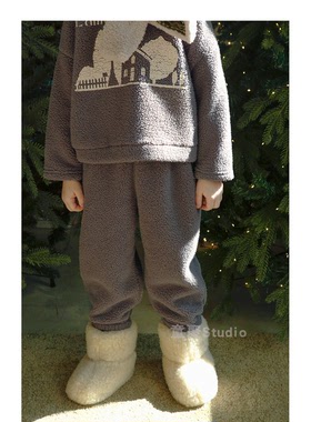 7折现韩国bien a bien男女童卫裤摇粒绒加绒裤宽松长裤冬季代购