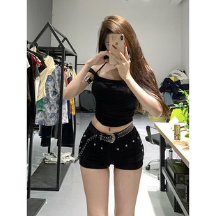 美式 辣妹暗黑y2k包臀小黑裤 铆钉设计感牛仔超短裤 女低腰显瘦热裤