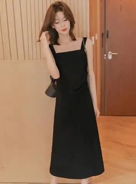 小谷粒吊带连衣裙女2024春夏款高级感小黑裙遮肉显瘦小个子长裙子