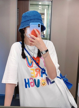 31265官图*180克双磨牛奶丝夏季t恤短袖学生慵懒印花中长款T恤女