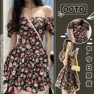 4新款 连衣裙子女夏季 小个子短裙 方领碎花裙性感泡泡袖 茶歇法式