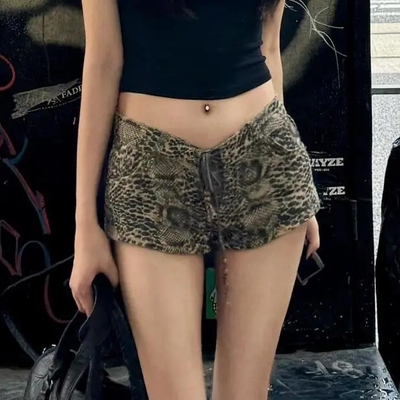 美式vibe豹纹绑带牛仔短裤女夏季新款辣妹修身显瘦a字阔腿热裤子