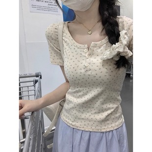 纯欲方领纽扣碎花设计感纯棉短袖 春夏韩版 T恤上衣女