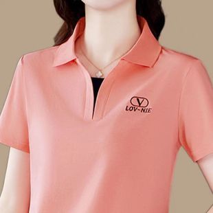宽松休闲中年妈妈POLO衫 夏季 t恤女翻领大码 新款 纯色运动上衣 短袖