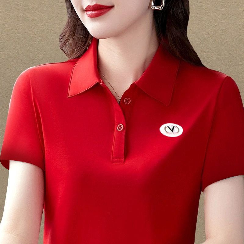 恤短袖polo翻领100%中年人上衣休闲t妈妈新款女大码夏季运动品质