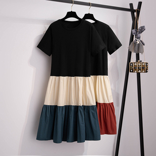 M-3XL】夏t恤连衣裙拼撞色女学生宽松大码时尚洋气中长款过膝裙子