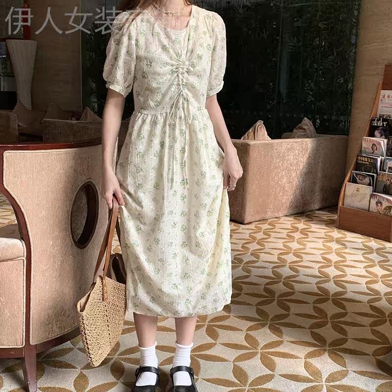 hollyii 韩版圆领抽绳收腰气质高腰中长款短袖碎花连衣裙2022新款