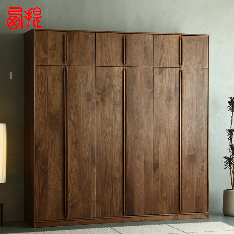北美黑胡桃木纯实木六门大衣柜现代简约衣橱到顶卧室原木家具定制