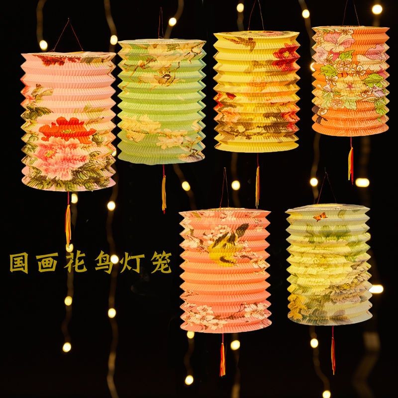 中秋节传统纸灯笼挂饰春节风琴折叠儿童手提中国风led发光小花灯