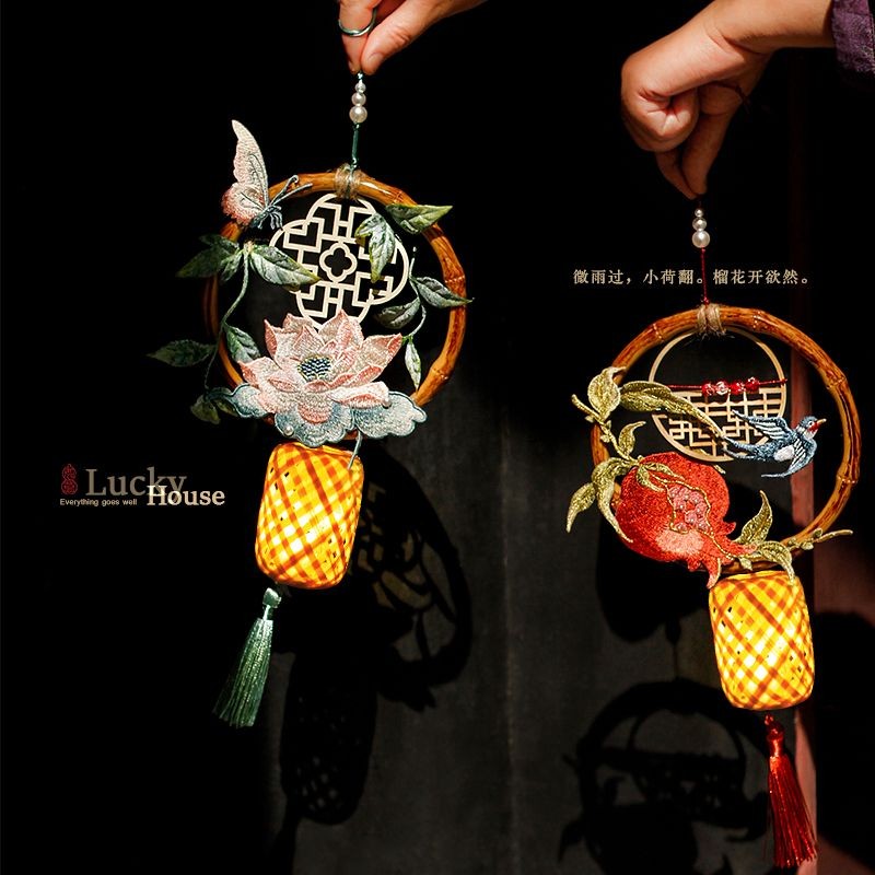 中式花鸟刺绣流苏灯笼挂饰中秋装饰花灯商铺茶社悬挂书房庭院挂件