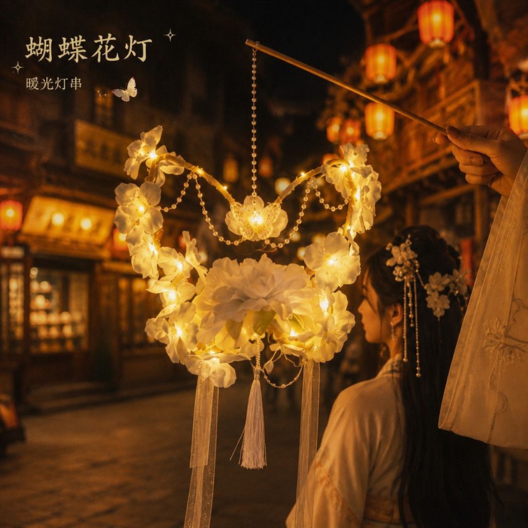 中秋节灯笼古风汉服花灯拍照成品道具宫灯挂饰配饰蝴蝶手提发光