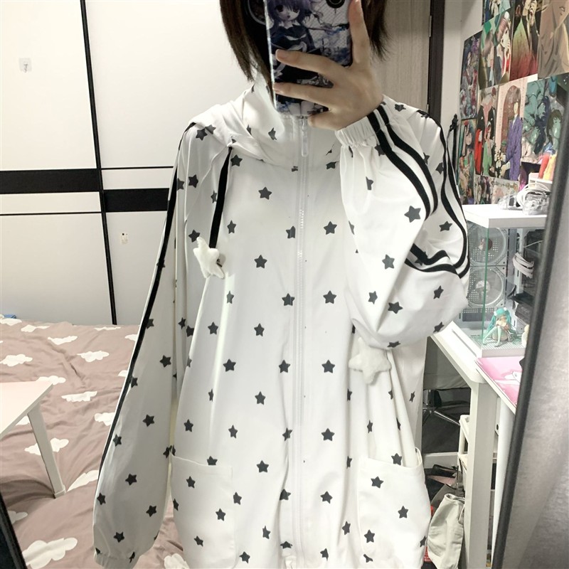 日系甜美星星系带连帽防晒新款衣女夏季薄款透气宽松紫外线外套女