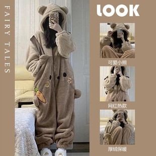 特大码300斤可爱小熊一体式连体睡衣女秋冬加厚珊瑚绒睡袍家居服2