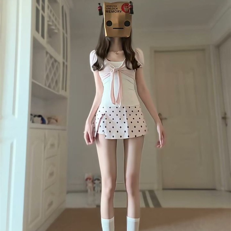绵绵少女!!【纯欲套装】韩系甜美扭结绑带上衣开叉波点短裙两件套