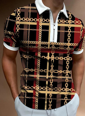 3D printed lapel slim fitting short sleeves 印花翻领修身短袖