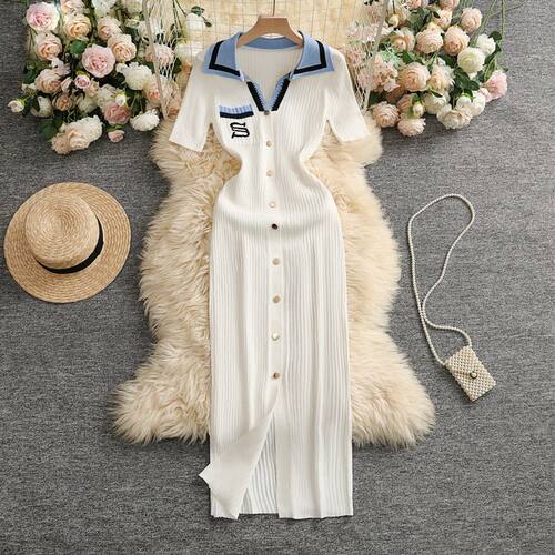 Polo collar embroidered knitted dress polo领刺绣针织连衣裙女