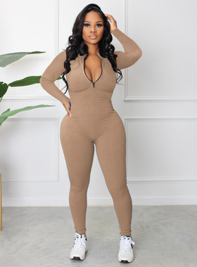 Fashion V-neck pit zipper sport jumpsui时尚V领坑条拉链连体裤