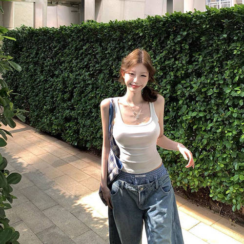 夏季新款纯欲性感方领交叉露背背心女修身显瘦外穿一体式带胸垫