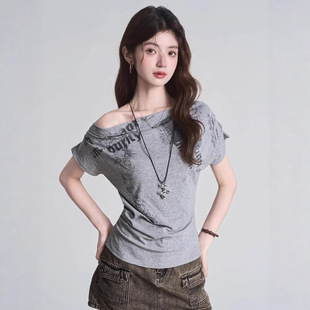 新款 美式 辣妹甜酷风荡领短袖 T恤女夏季 显瘦上衣女批发 褶皱修身