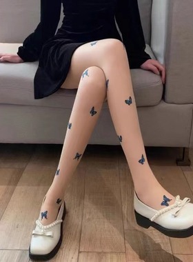 蓝色蝴蝶黑丝袜女春秋薄款光腿神器JK性感黑色连裤袜子ins潮白丝