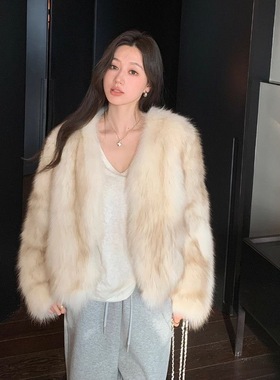 中古染尖皮草新款环保狐狸毛外套冬季毛毛大衣保暖加厚复古高级感