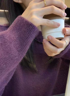 紫色毛衣女秋冬宽松内搭外穿圆领套头简约百搭软糯打底针织衫上衣