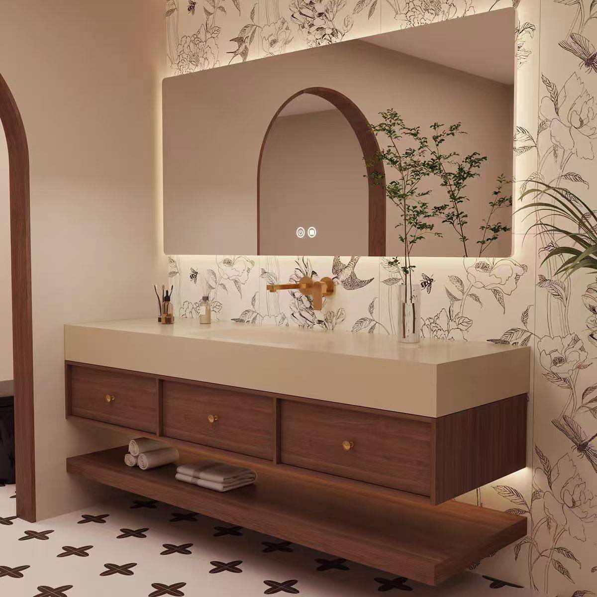 中古风浴室柜岩板热弯无缝一体盆组合卫生间洗手洗脸盆洗漱台定制