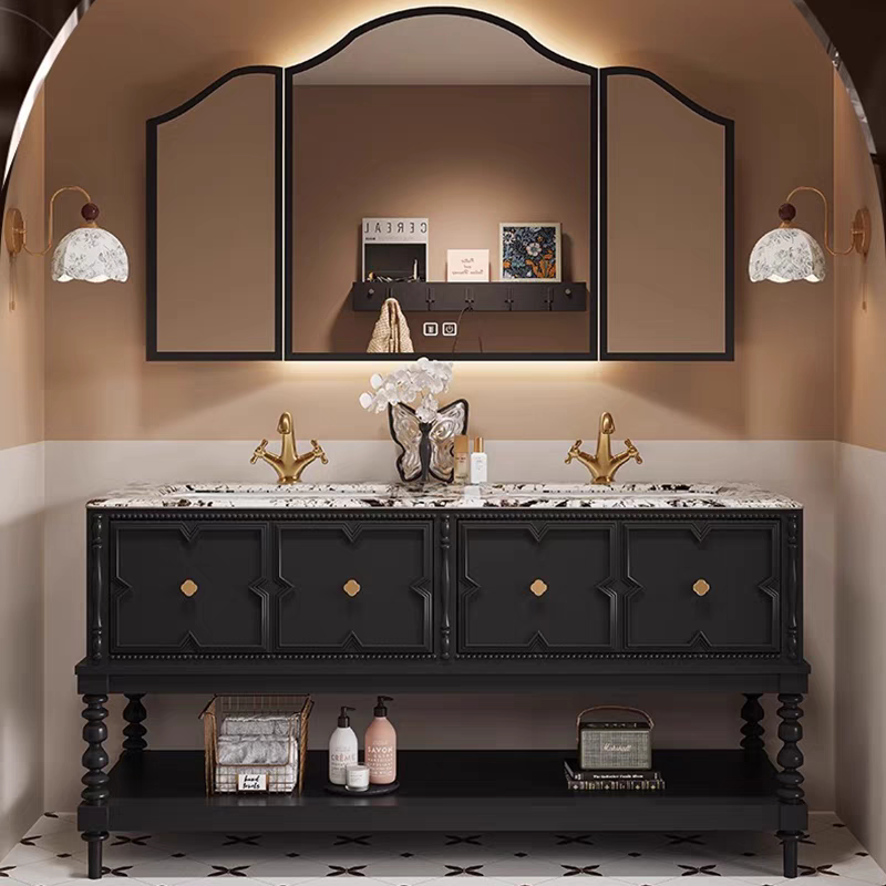 法式复古浴室柜组合落地式岩板热弯一体盆卫生间洗漱台洗手脸盆柜