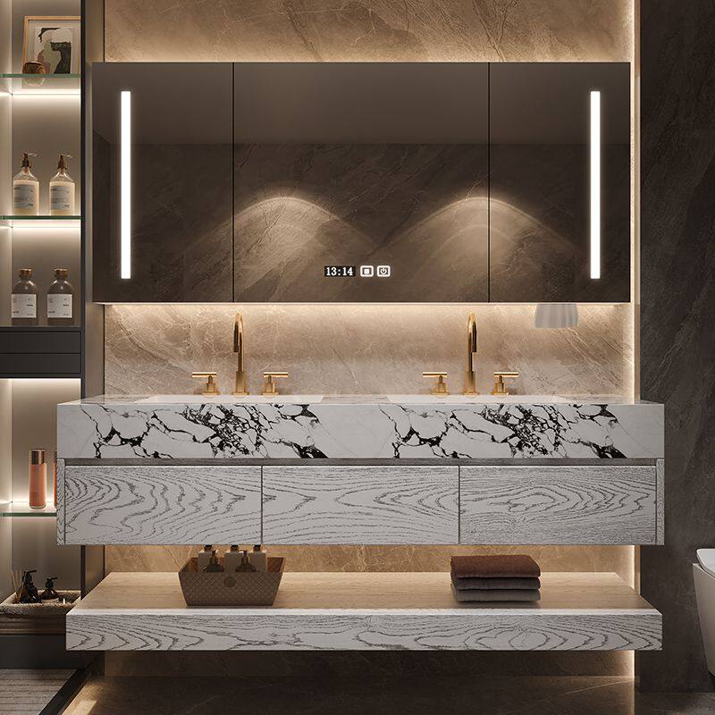 简约现代岩板无缝陶瓷双盆红橡木浴室柜组合卫生间洗漱洗手洗脸盆