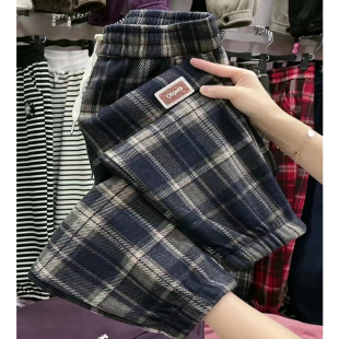 百搭遮肉洋气老爹裤 2023加绒加厚格子束脚卫裤 宽松显瘦休闲九分裤